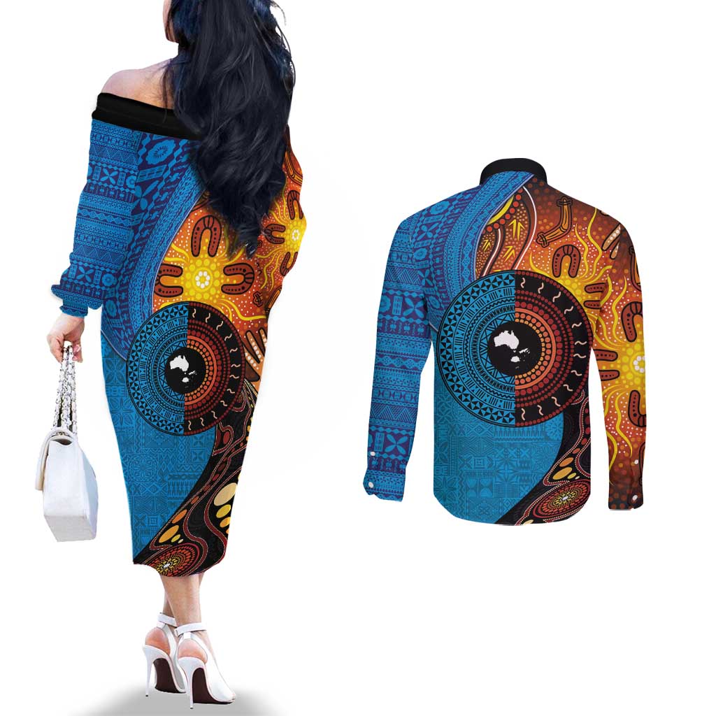 Fiji and Australia Together Couples Matching Off The Shoulder Long Sleeve Dress and Long Sleeve Button Shirt Tapa Tribal Tattoo mix Aboriginal Pattern