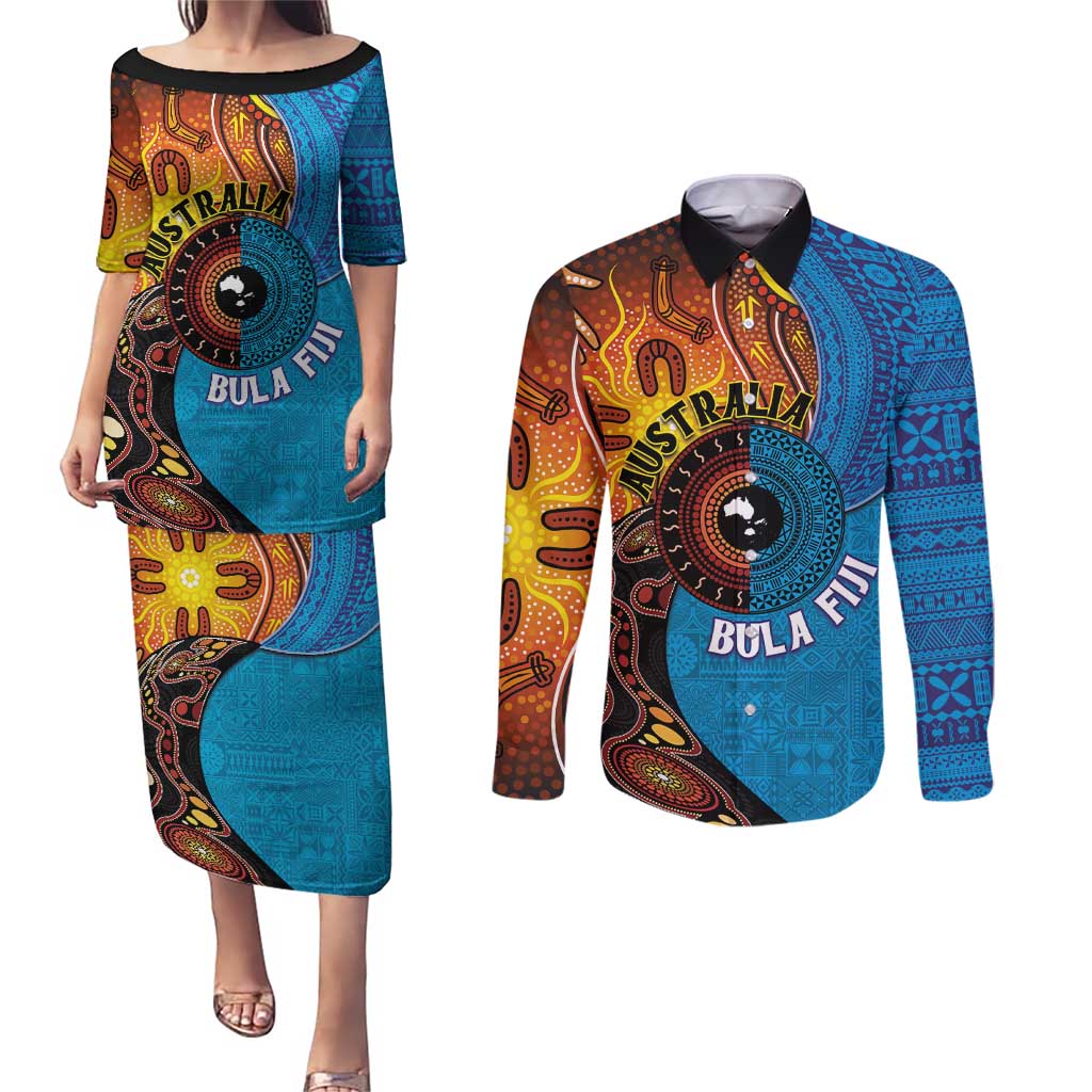 Fiji and Australia Together Couples Matching Puletasi and Long Sleeve Button Shirt Tapa Tribal Tattoo mix Aboriginal Pattern