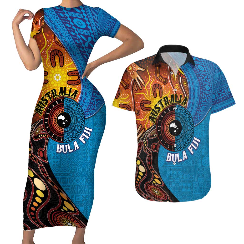 Fiji and Australia Together Couples Matching Short Sleeve Bodycon Dress and Hawaiian Shirt Tapa Tribal Tattoo mix Aboriginal Pattern