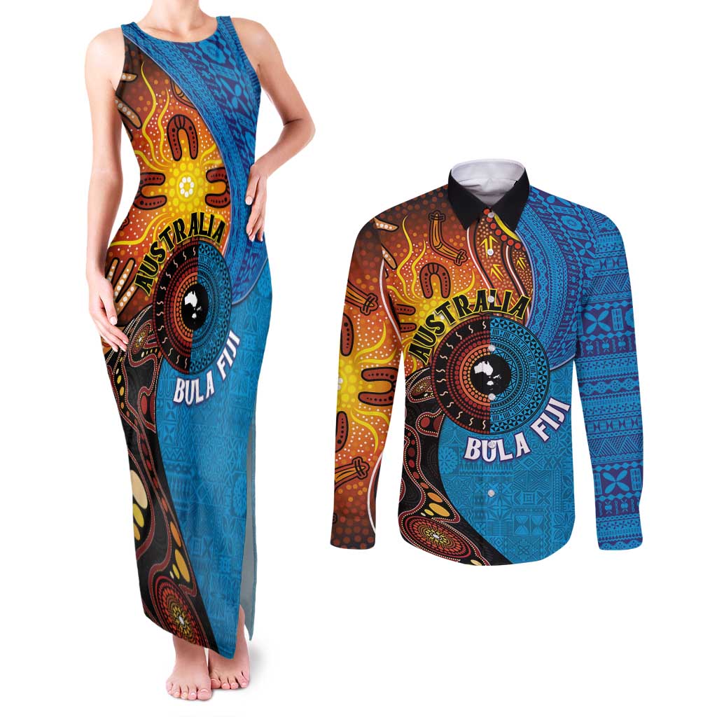 Fiji and Australia Together Couples Matching Tank Maxi Dress and Long Sleeve Button Shirt Tapa Tribal Tattoo mix Aboriginal Pattern