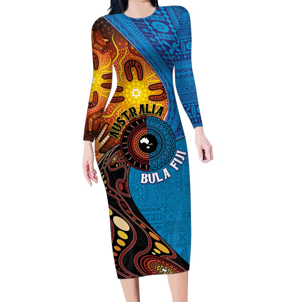 Fiji and Australia Together Family Matching Long Sleeve Bodycon Dress and Hawaiian Shirt Tapa Tribal Tattoo mix Aboriginal Pattern LT03 Mom's Dress Black - Polynesian Pride