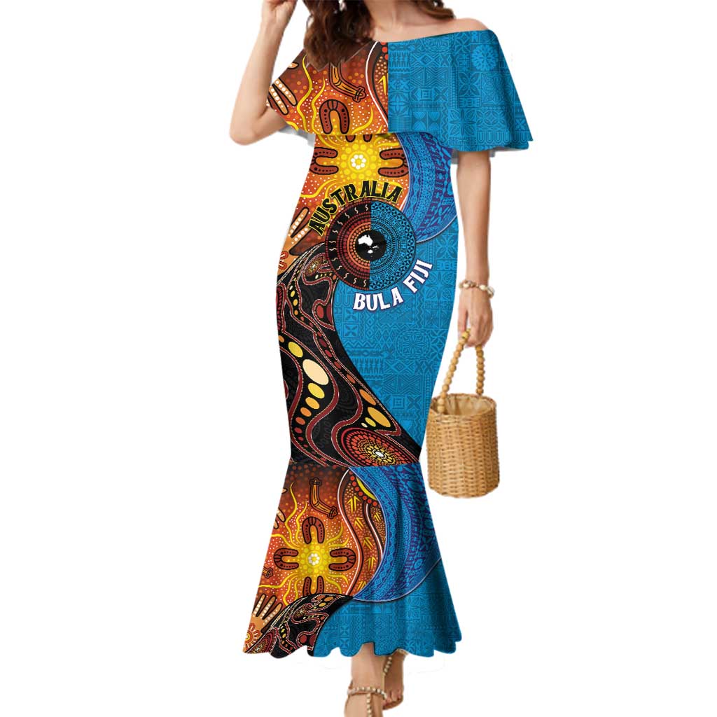 Fiji and Australia Together Family Matching Mermaid Dress and Hawaiian Shirt Tapa Tribal Tattoo mix Aboriginal Pattern LT03 Mom's Dress Black - Polynesian Pride