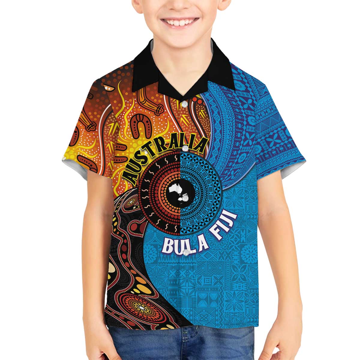 Fiji and Australia Together Family Matching Off Shoulder Short Dress and Hawaiian Shirt Tapa Tribal Tattoo mix Aboriginal Pattern