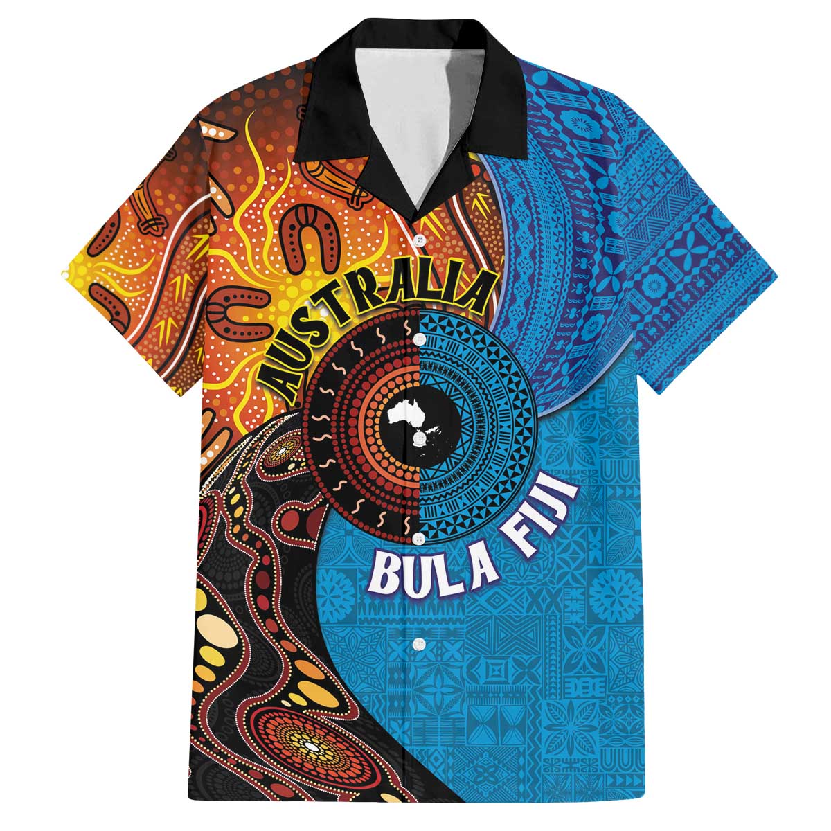Fiji and Australia Together Family Matching Puletasi and Hawaiian Shirt Tapa Tribal Tattoo mix Aboriginal Pattern LT03 Dad's Shirt - Short Sleeve Black - Polynesian Pride
