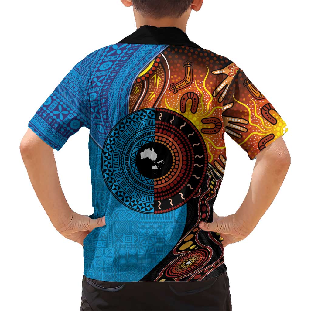 Fiji and Australia Together Family Matching Short Sleeve Bodycon Dress and Hawaiian Shirt Tapa Tribal Tattoo mix Aboriginal Pattern LT03 - Polynesian Pride