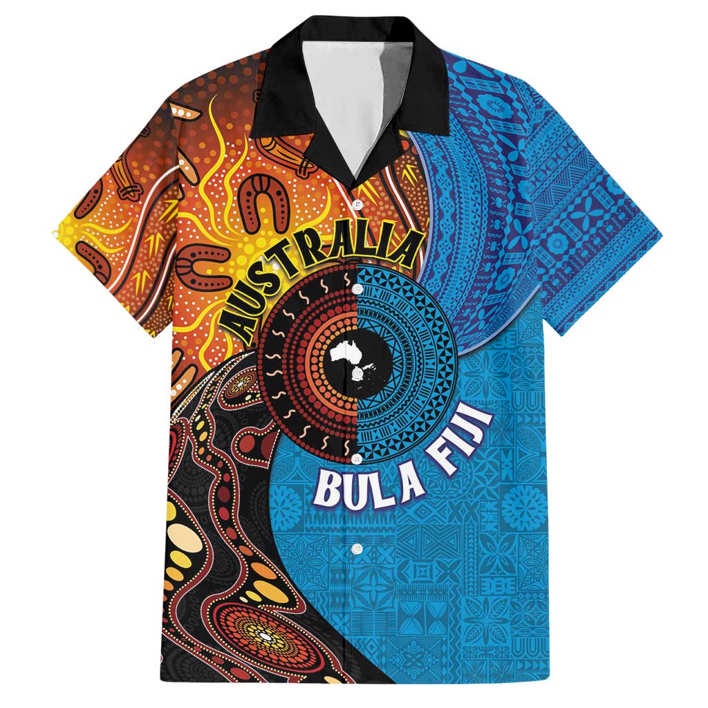 Fiji and Australia Together Family Matching Short Sleeve Bodycon Dress and Hawaiian Shirt Tapa Tribal Tattoo mix Aboriginal Pattern LT03 Dad's Shirt - Short Sleeve Black - Polynesian Pride