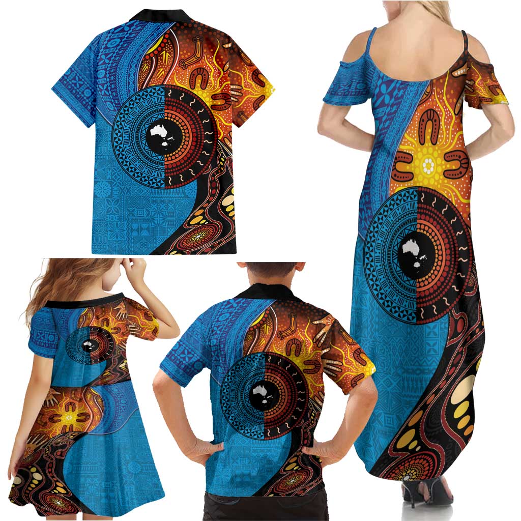 Fiji and Australia Together Family Matching Summer Maxi Dress and Hawaiian Shirt Tapa Tribal Tattoo mix Aboriginal Pattern LT03 - Polynesian Pride