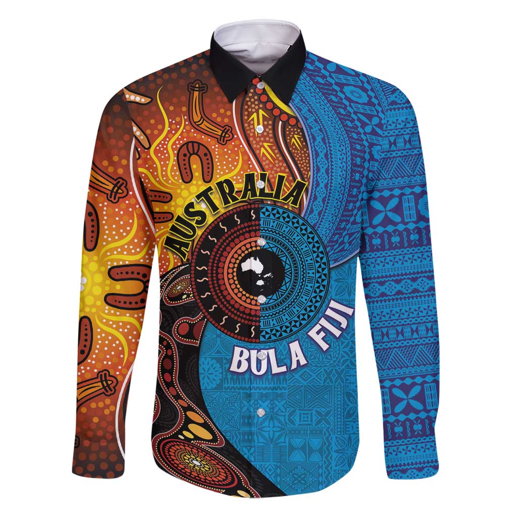 Fiji and Australia Together Family Matching Summer Maxi Dress and Hawaiian Shirt Tapa Tribal Tattoo mix Aboriginal Pattern LT03 Dad's Shirt - Long Sleeve Black - Polynesian Pride