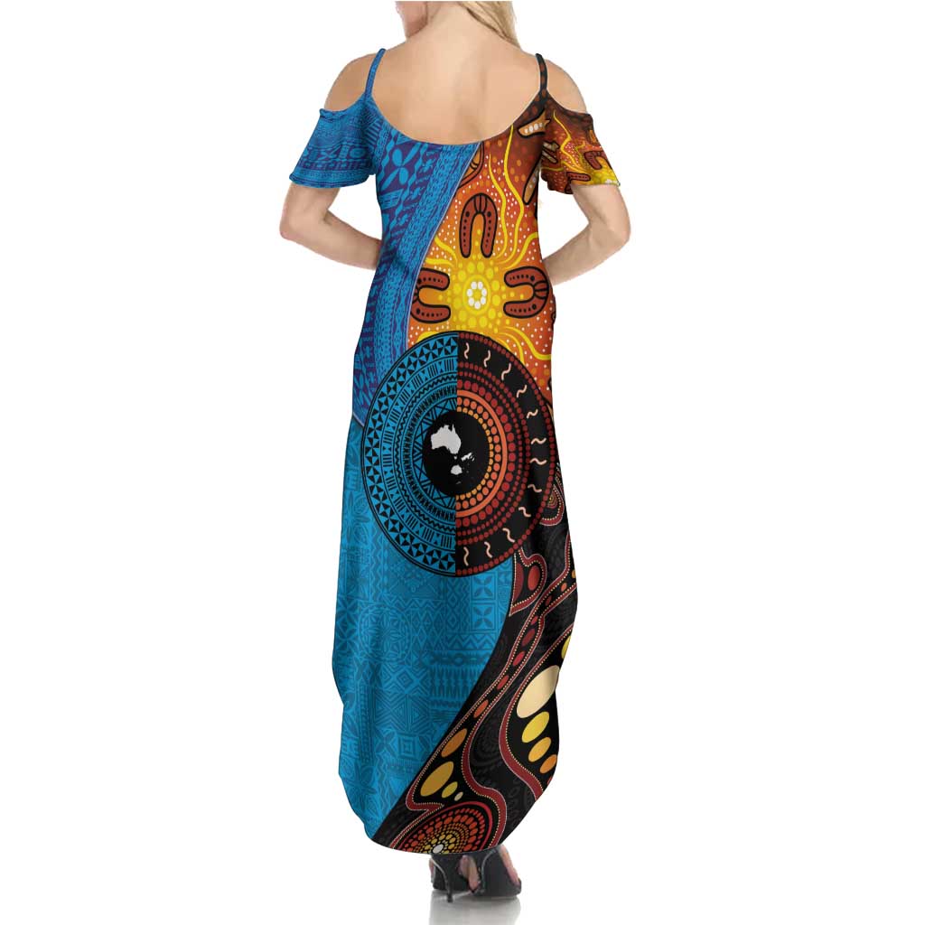 Fiji and Australia Together Family Matching Summer Maxi Dress and Hawaiian Shirt Tapa Tribal Tattoo mix Aboriginal Pattern LT03 - Polynesian Pride