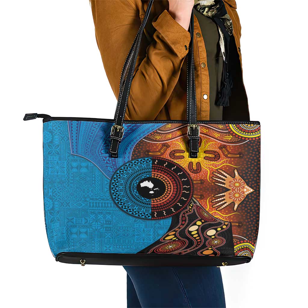 Fiji and Australia Together Leather Tote Bag Tapa Tribal Tattoo mix Aboriginal Pattern