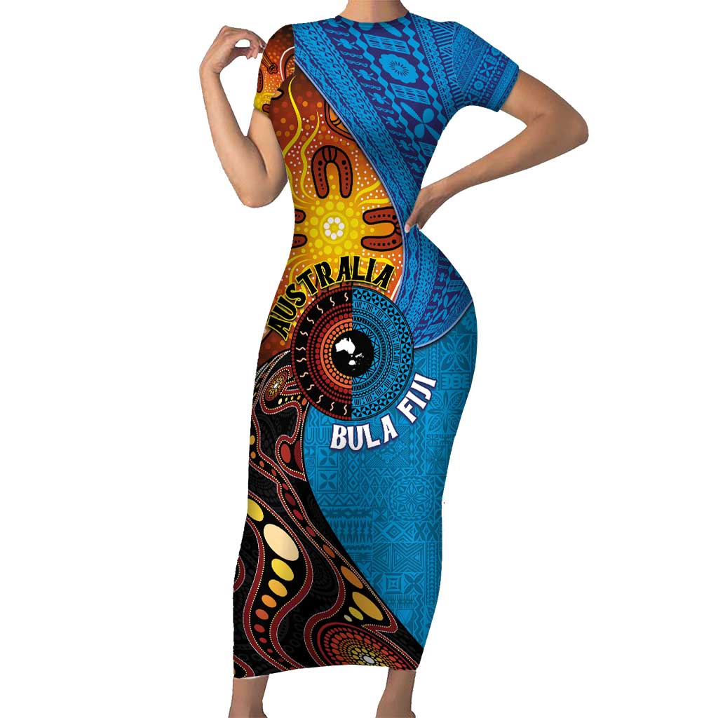Fiji and Australia Together Short Sleeve Bodycon Dress Tapa Tribal Tattoo mix Aboriginal Pattern
