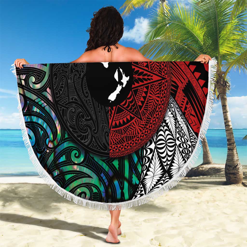 Tonga and New Zealand Together Beach Blanket Tongan Kupesi Ngatu Tattoo and Maori Paua Shell Pattern