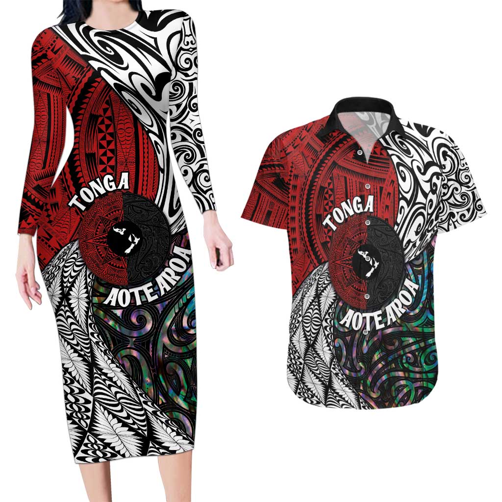 Tonga and New Zealand Together Couples Matching Long Sleeve Bodycon Dress and Hawaiian Shirt Tongan Kupesi Ngatu Tattoo and Maori Paua Shell Pattern