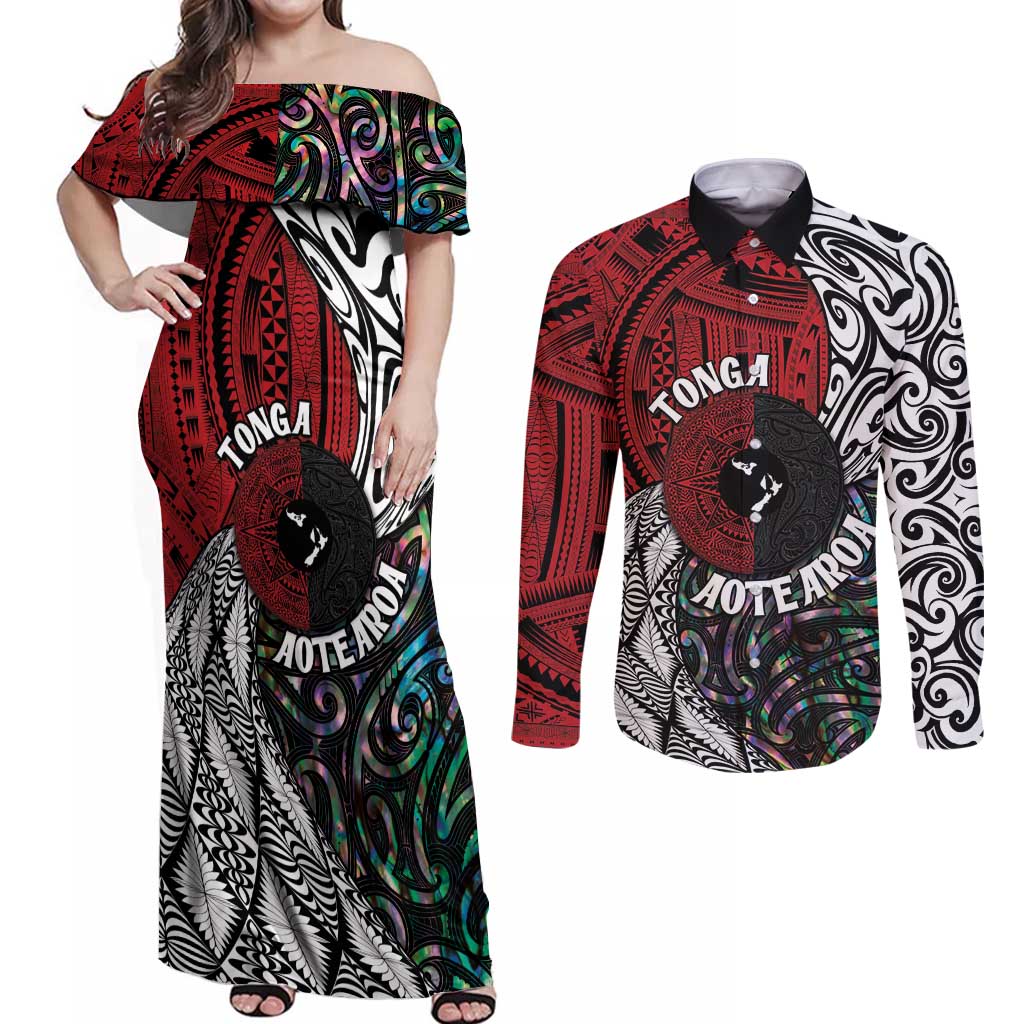 Tonga and New Zealand Together Couples Matching Off Shoulder Maxi Dress and Long Sleeve Button Shirt Tongan Kupesi Ngatu Tattoo and Maori Paua Shell Pattern