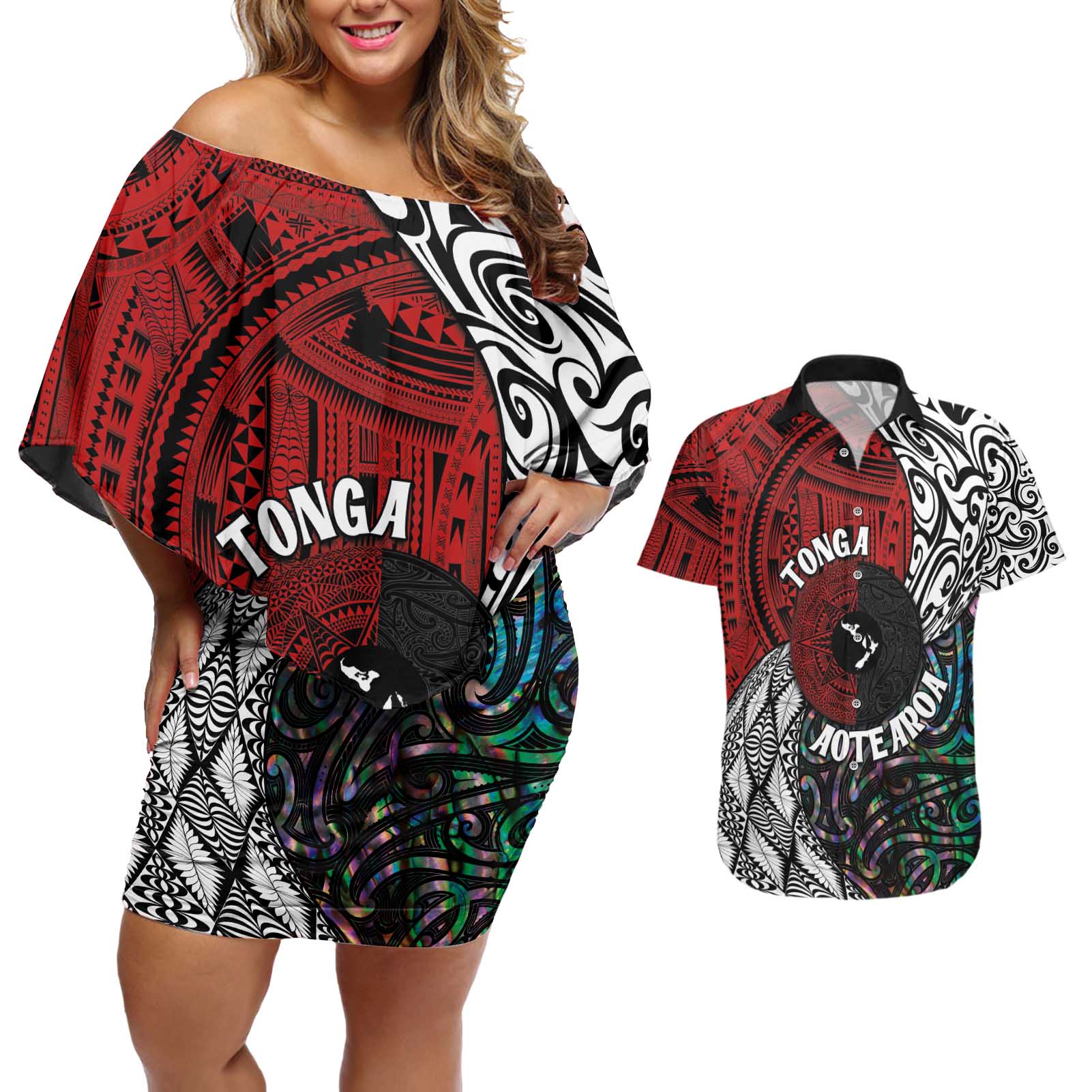 Tonga and New Zealand Together Couples Matching Off Shoulder Short Dress and Hawaiian Shirt Tongan Kupesi Ngatu Tattoo and Maori Paua Shell Pattern