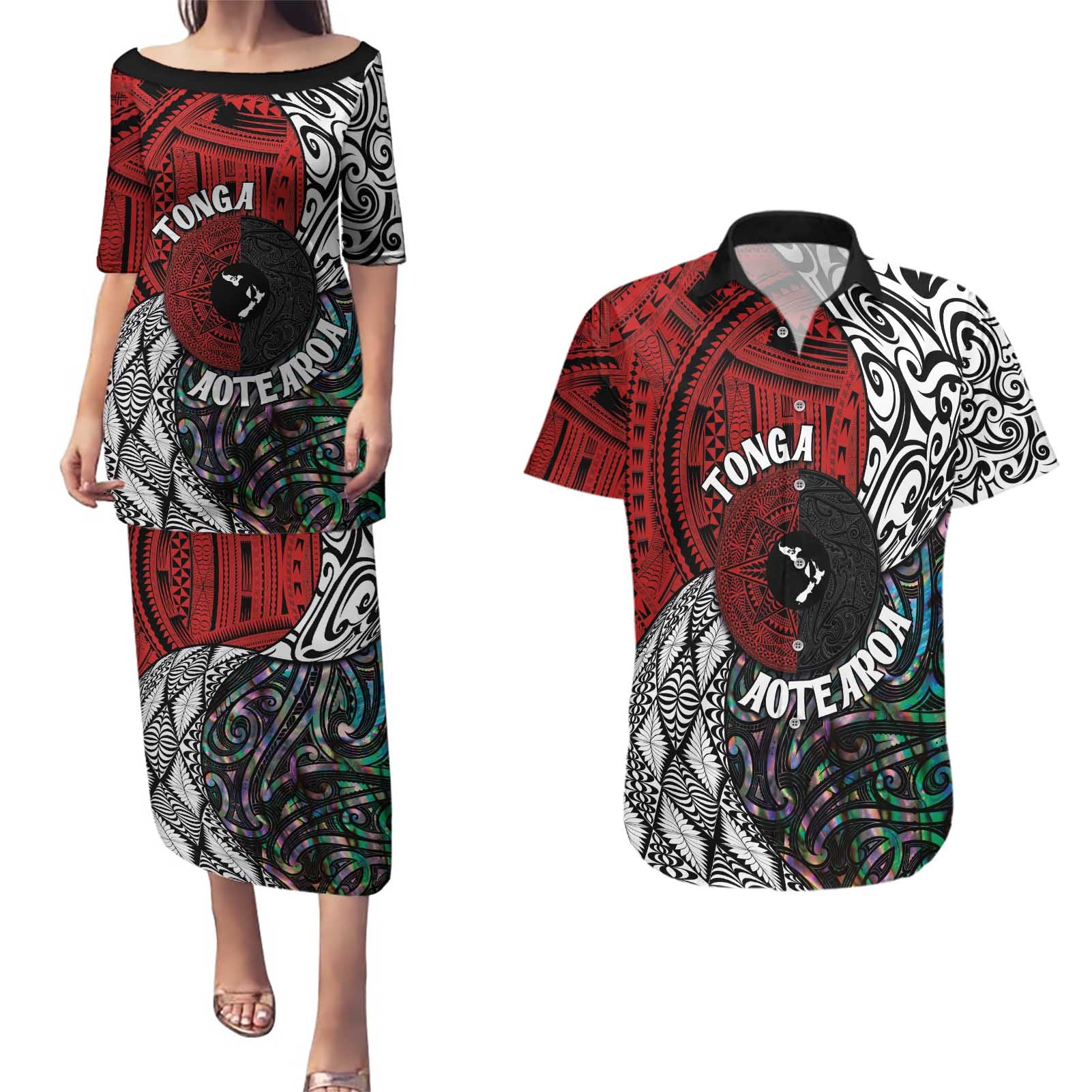 Tonga and New Zealand Together Couples Matching Puletasi and Hawaiian Shirt Tongan Kupesi Ngatu Tattoo and Maori Paua Shell Pattern