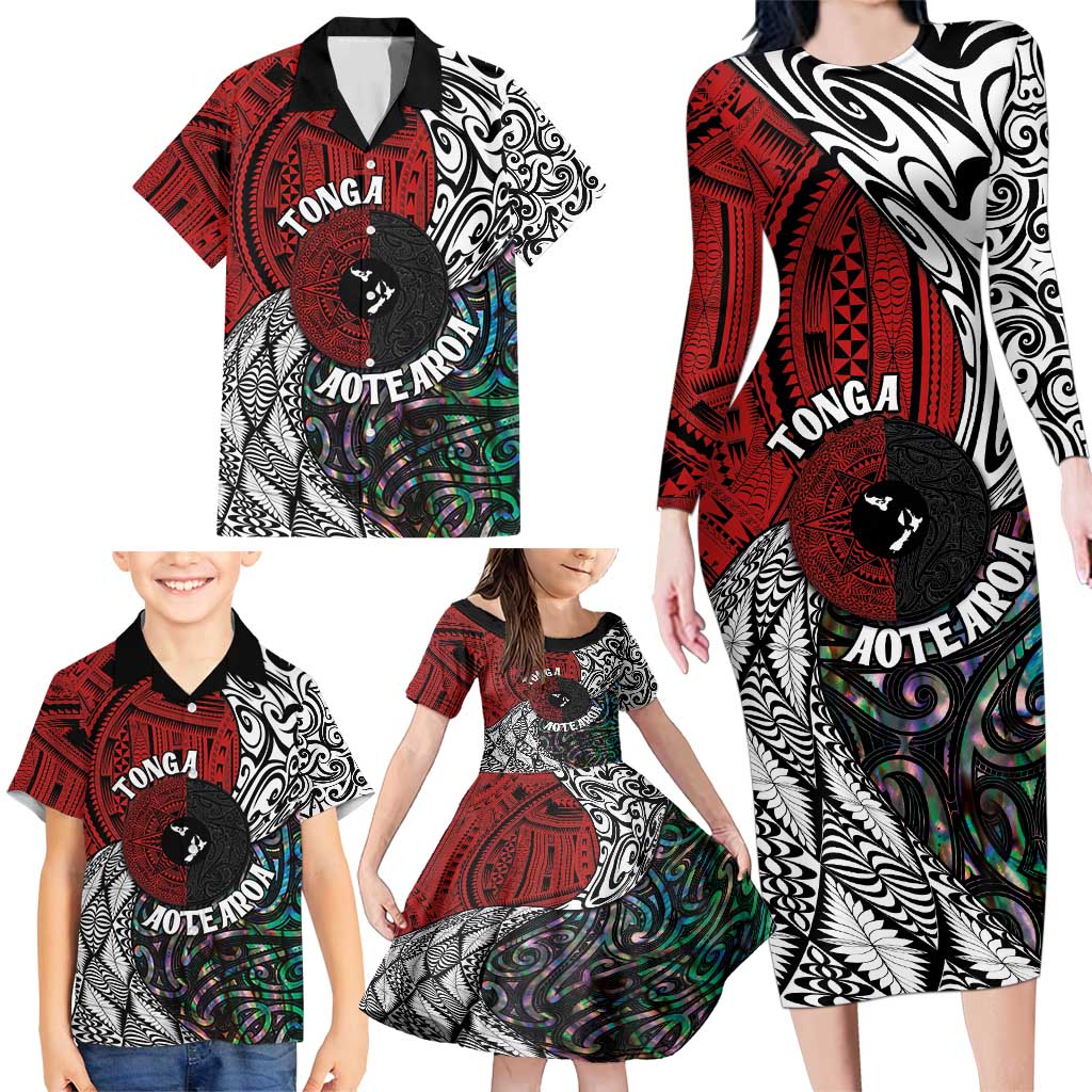 Tonga and New Zealand Together Family Matching Long Sleeve Bodycon Dress and Hawaiian Shirt Tongan Kupesi Ngatu Tattoo and Maori Paua Shell Pattern LT03 - Polynesian Pride
