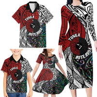 Tonga and New Zealand Together Family Matching Long Sleeve Bodycon Dress and Hawaiian Shirt Tongan Kupesi Ngatu Tattoo and Maori Paua Shell Pattern LT03 - Polynesian Pride