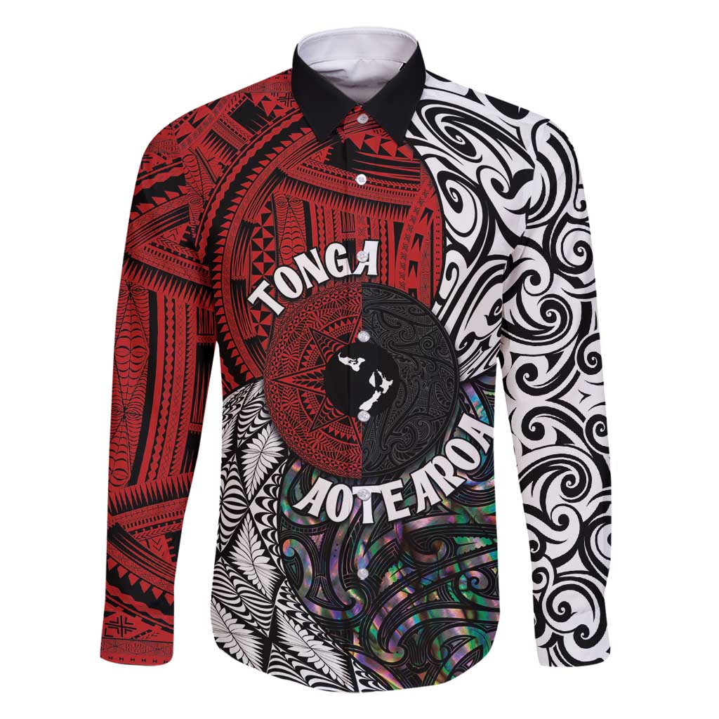 Tonga and New Zealand Together Family Matching Long Sleeve Bodycon Dress and Hawaiian Shirt Tongan Kupesi Ngatu Tattoo and Maori Paua Shell Pattern LT03 Dad's Shirt - Long Sleeve Black - Polynesian Pride