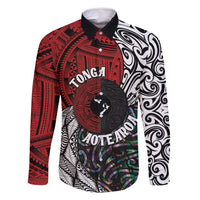 Tonga and New Zealand Together Family Matching Long Sleeve Bodycon Dress and Hawaiian Shirt Tongan Kupesi Ngatu Tattoo and Maori Paua Shell Pattern LT03 Dad's Shirt - Long Sleeve Black - Polynesian Pride
