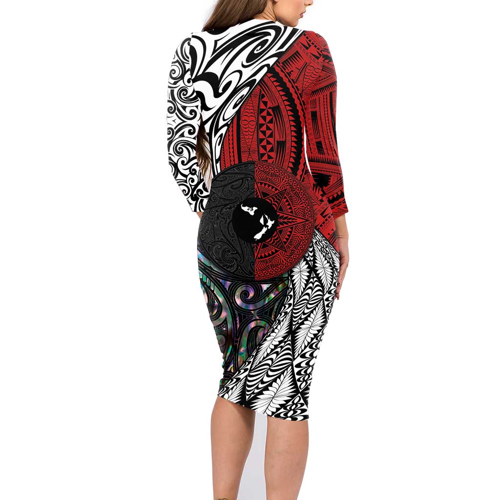 Tonga and New Zealand Together Family Matching Long Sleeve Bodycon Dress and Hawaiian Shirt Tongan Kupesi Ngatu Tattoo and Maori Paua Shell Pattern LT03 - Polynesian Pride