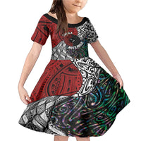 Tonga and New Zealand Together Family Matching Mermaid Dress and Hawaiian Shirt Tongan Kupesi Ngatu Tattoo and Maori Paua Shell Pattern LT03 Daughter's Dress Black - Polynesian Pride