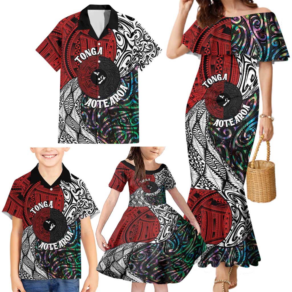 Tonga and New Zealand Together Family Matching Mermaid Dress and Hawaiian Shirt Tongan Kupesi Ngatu Tattoo and Maori Paua Shell Pattern LT03 - Polynesian Pride