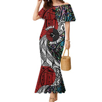 Tonga and New Zealand Together Family Matching Mermaid Dress and Hawaiian Shirt Tongan Kupesi Ngatu Tattoo and Maori Paua Shell Pattern LT03 Mom's Dress Black - Polynesian Pride