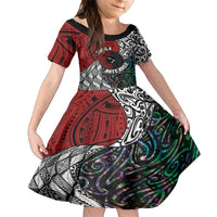 Tonga and New Zealand Together Family Matching Puletasi and Hawaiian Shirt Tongan Kupesi Ngatu Tattoo and Maori Paua Shell Pattern LT03 Daughter's Dress Black - Polynesian Pride