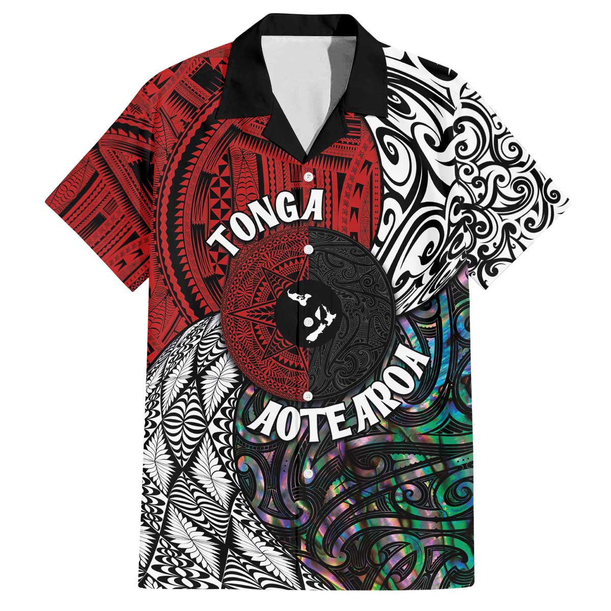 Tonga and New Zealand Together Family Matching Puletasi and Hawaiian Shirt Tongan Kupesi Ngatu Tattoo and Maori Paua Shell Pattern LT03 Dad's Shirt - Short Sleeve Black - Polynesian Pride