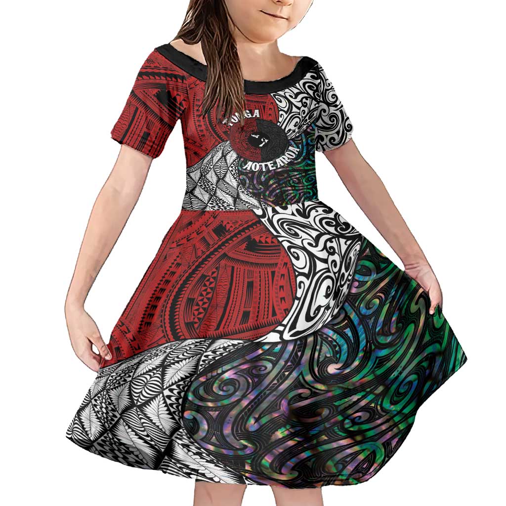 Tonga and New Zealand Together Family Matching Short Sleeve Bodycon Dress and Hawaiian Shirt Tongan Kupesi Ngatu Tattoo and Maori Paua Shell Pattern LT03 Daughter's Dress Black - Polynesian Pride