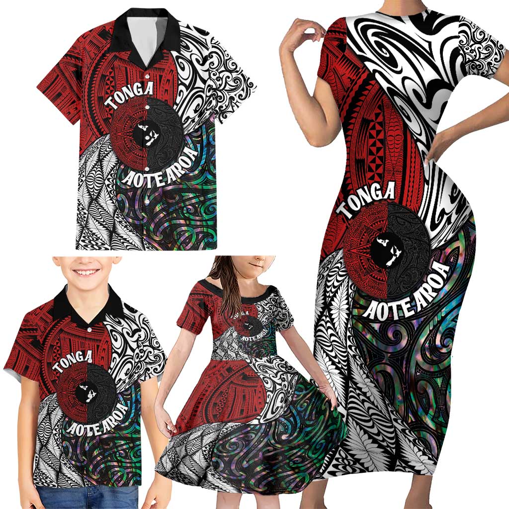 Tonga and New Zealand Together Family Matching Short Sleeve Bodycon Dress and Hawaiian Shirt Tongan Kupesi Ngatu Tattoo and Maori Paua Shell Pattern LT03 - Polynesian Pride