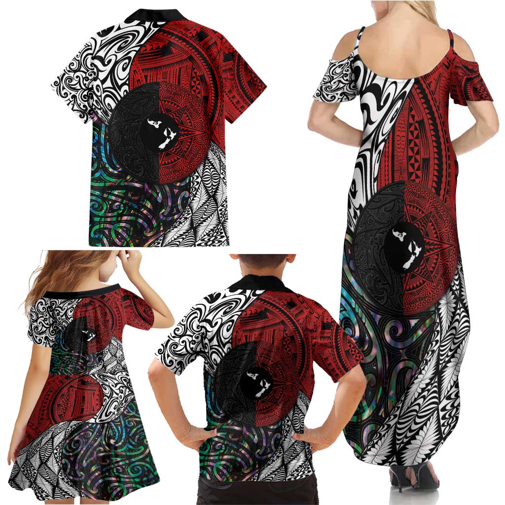 Tonga and New Zealand Together Family Matching Summer Maxi Dress and Hawaiian Shirt Tongan Kupesi Ngatu Tattoo and Maori Paua Shell Pattern LT03 - Polynesian Pride