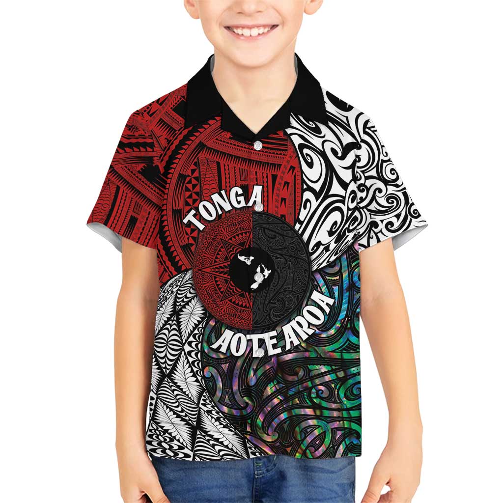 Tonga and New Zealand Together Family Matching Summer Maxi Dress and Hawaiian Shirt Tongan Kupesi Ngatu Tattoo and Maori Paua Shell Pattern LT03 Son's Shirt Black - Polynesian Pride