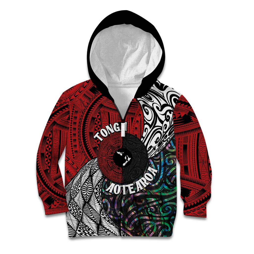 Tonga and New Zealand Together Kid Hoodie Tongan Kupesi Ngatu Tattoo and Maori Paua Shell Pattern