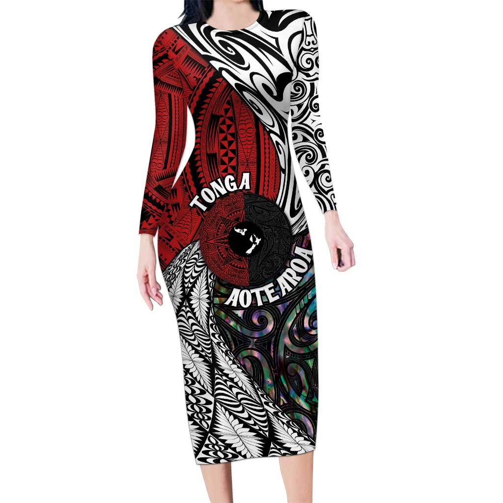 Tonga and New Zealand Together Long Sleeve Bodycon Dress Tongan Kupesi Ngatu Tattoo and Maori Paua Shell Pattern LT03 Long Dress Black - Polynesian Pride