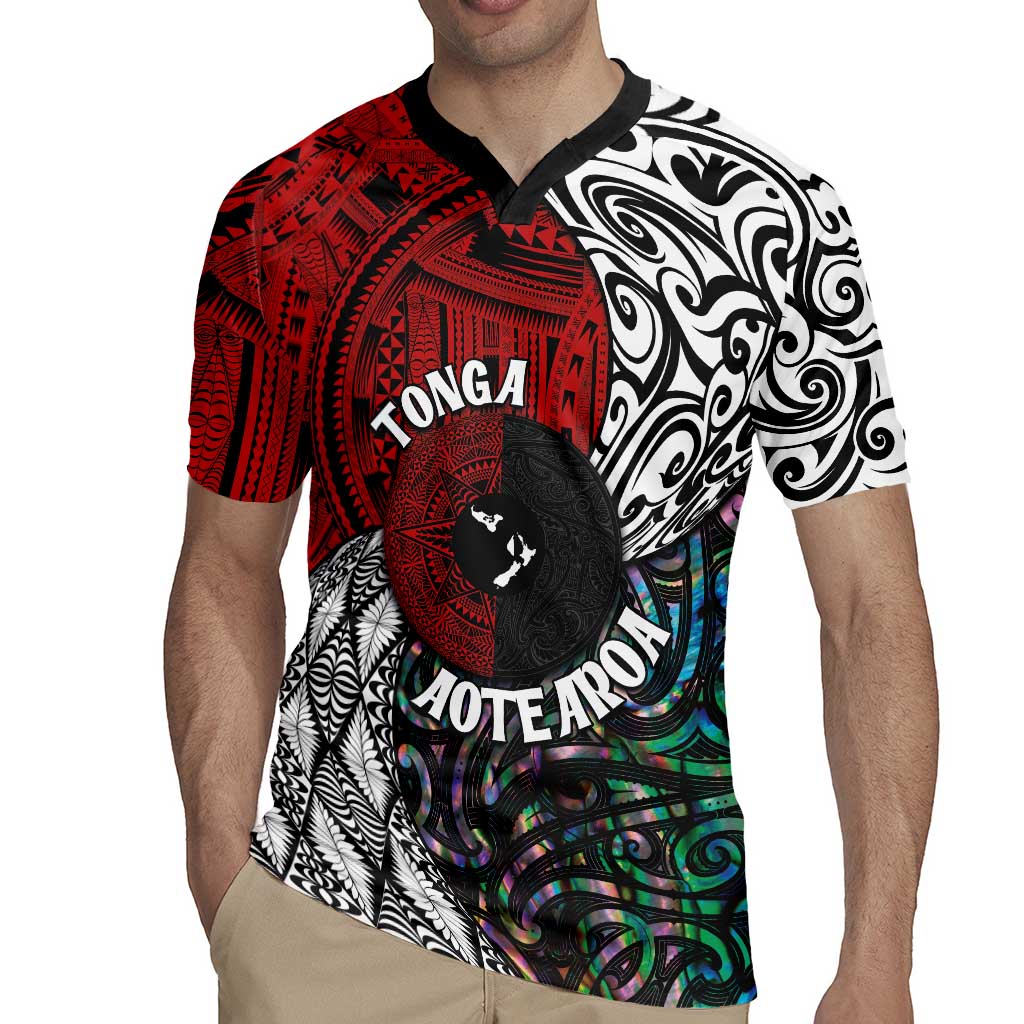 Tonga and New Zealand Together Rugby Jersey Tongan Kupesi Ngatu Tattoo and Maori Paua Shell Pattern