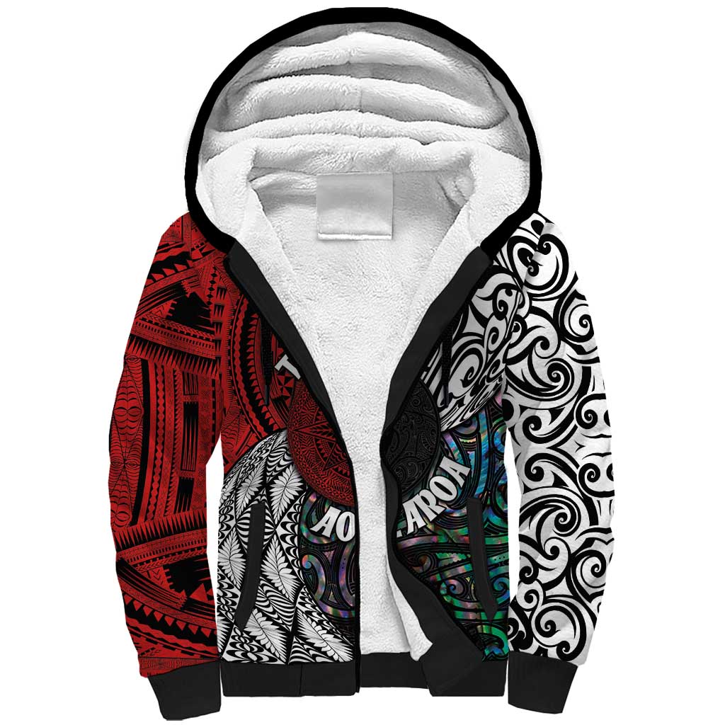 Tonga and New Zealand Together Sherpa Hoodie Tongan Kupesi Ngatu Tattoo and Maori Paua Shell Pattern