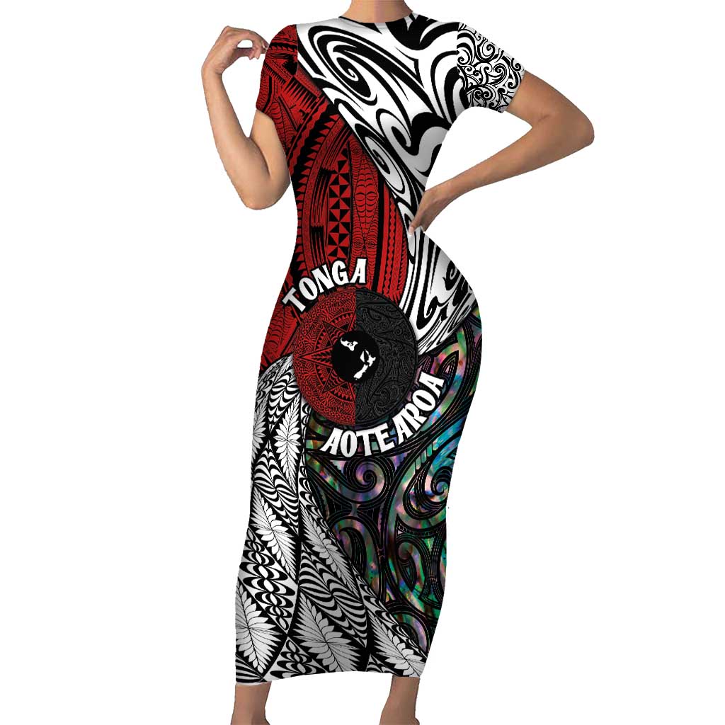 Tonga and New Zealand Together Short Sleeve Bodycon Dress Tongan Kupesi Ngatu Tattoo and Maori Paua Shell Pattern LT03 Long Dress Black - Polynesian Pride