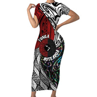 Tonga and New Zealand Together Short Sleeve Bodycon Dress Tongan Kupesi Ngatu Tattoo and Maori Paua Shell Pattern LT03 Long Dress Black - Polynesian Pride