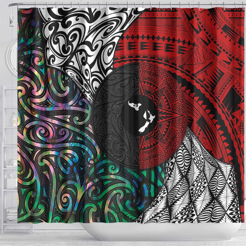 Tonga and New Zealand Together Shower Curtain Tongan Kupesi Ngatu Tattoo and Maori Paua Shell Pattern