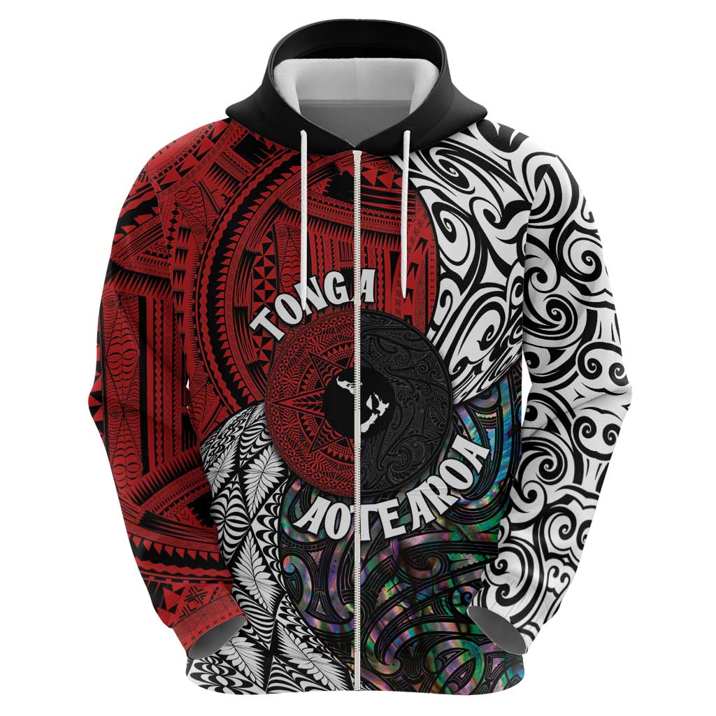Tonga and New Zealand Together Zip Hoodie Tongan Kupesi Ngatu Tattoo and Maori Paua Shell Pattern LT03 - Polynesian Pride