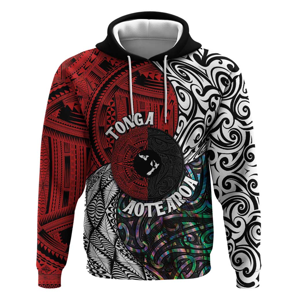 Tonga and New Zealand Together Zip Hoodie Tongan Kupesi Ngatu Tattoo and Maori Paua Shell Pattern LT03 Pullover Hoodie Black - Polynesian Pride