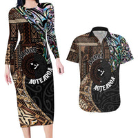 Samoa and New Zealand Together Couples Matching Long Sleeve Bodycon Dress and Hawaiian Shirt Siapo Motif and Maori Paua Shell Pattern