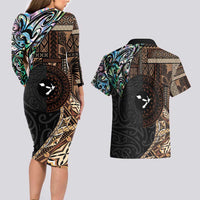 Samoa and New Zealand Together Couples Matching Long Sleeve Bodycon Dress and Hawaiian Shirt Siapo Motif and Maori Paua Shell Pattern
