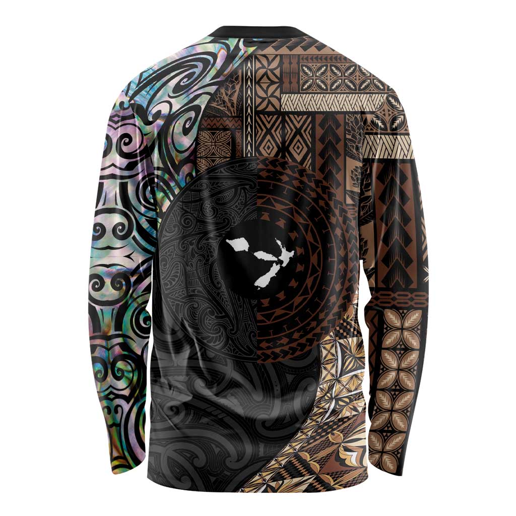 Samoa and New Zealand Together Long Sleeve Shirt Siapo Motif and Maori Paua Shell Pattern