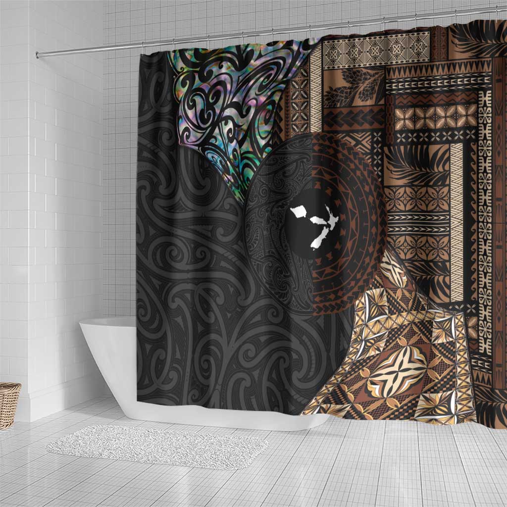 Samoa and New Zealand Together Shower Curtain Siapo Motif and Maori Paua Shell Pattern