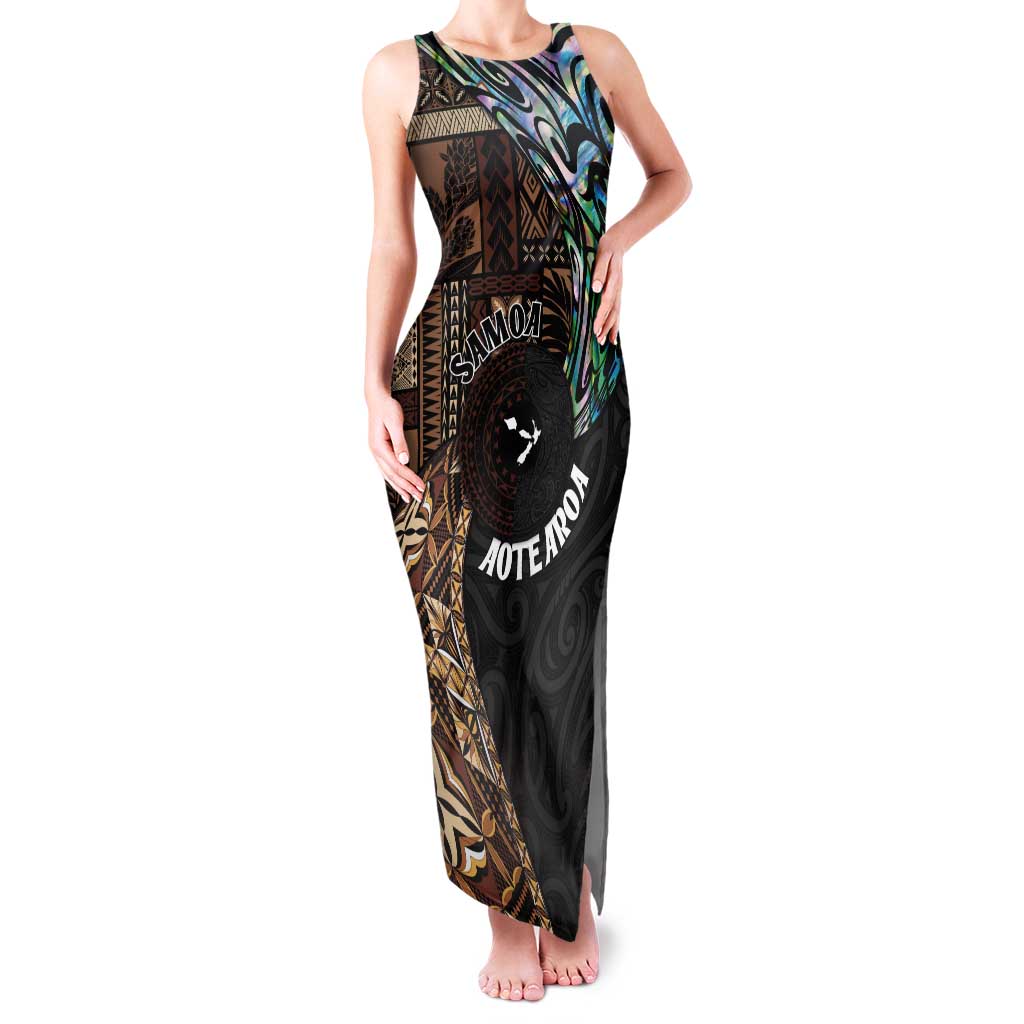 Samoa and New Zealand Together Tank Maxi Dress Siapo Motif and Maori Paua Shell Pattern