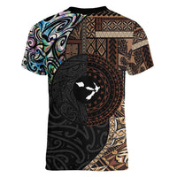 Samoa and New Zealand Together Women V-Neck T-Shirt Siapo Motif and Maori Paua Shell Pattern