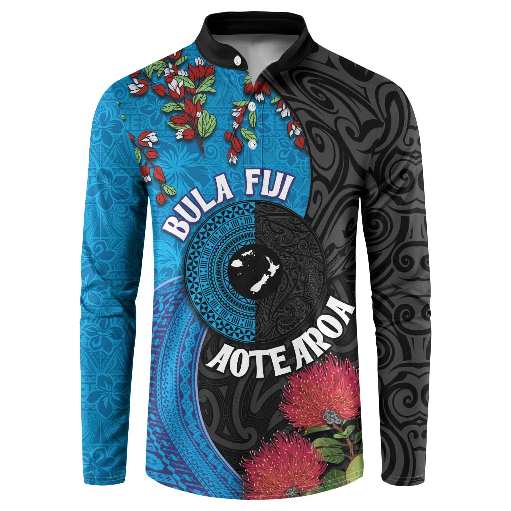 Fiji and New Zealand Together Button Sweatshirt Tapa Maori Tattoo mix Tagimoucia and Pohutukawa LT03 Black - Polynesian Pride